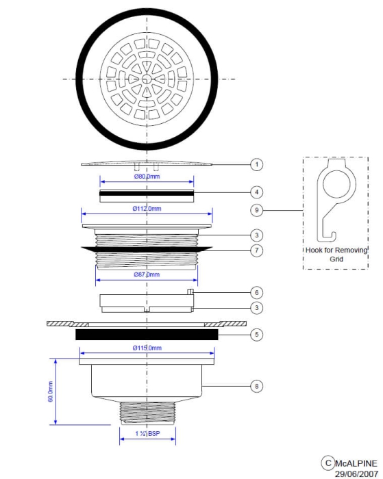 Technische Zeichnung eines Duschwannenablaufs ohne Siphon Paralleldesign. Die Abbildung zeigt alle Montagedetails und Einzelteile des Ablaufsystems mit genauen Maßangaben. Der Ablauf ist passend für Duschwannen mit 90 mm Ablaufloch und einem Anschlussmaß 